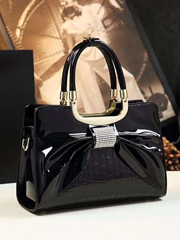 Stylish Versatile Black Bow Calf Leather Tote Handbag