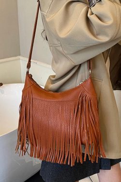 Stylish Versatile Black Tassel Faux Leather Shoulder Bag