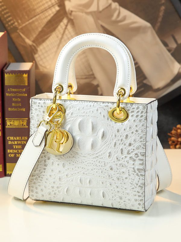 Stylish White Embossed Solid Durable Calf Leather Tote Handbag