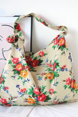 Summer Beige Print Large Capacity Canvas Satchel Bag Handbag