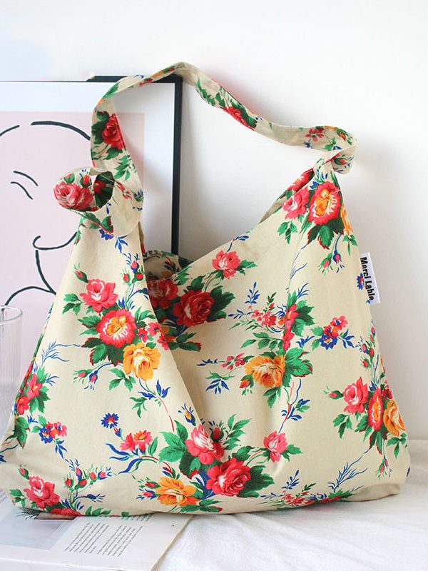 Summer Beige Print Large Capacity Canvas Satchel Bag Handbag