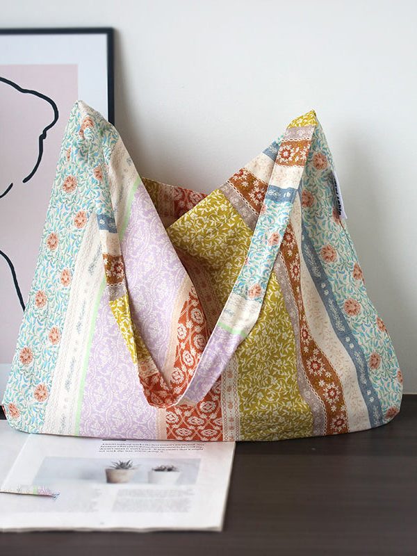 Summer Beige Print Large Capacity Canvas Satchel Bag Handbag