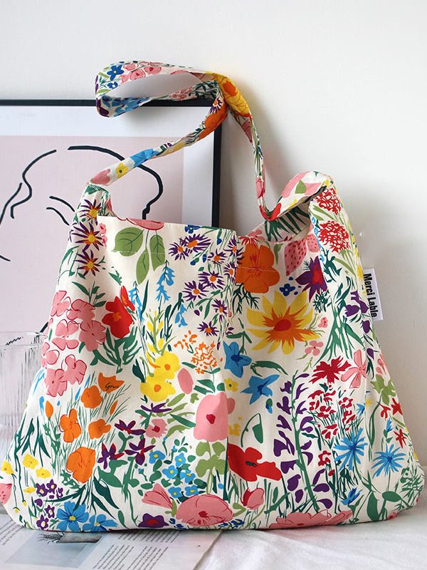 Summer Beige Print Large Capacity Canvas Satchel Bag Handbag