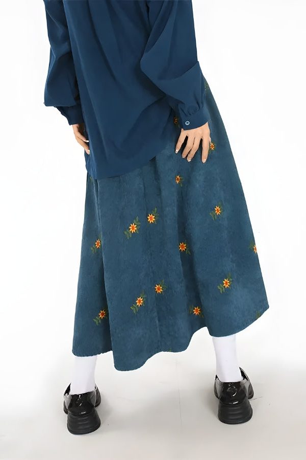Sunflower Embroidered Corduroy Maxi Skirt