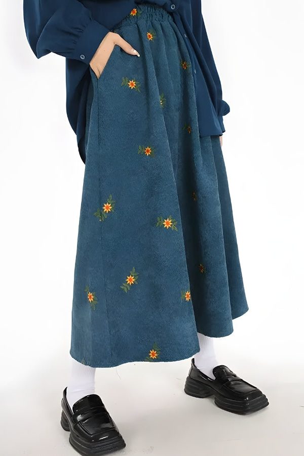 Sunflower Embroidered Corduroy Maxi Skirt