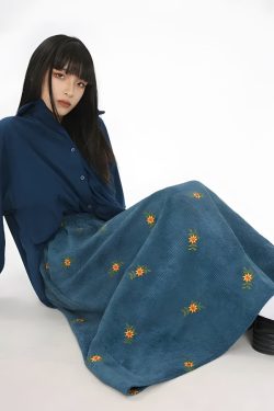 Sunflower Embroidered Corduroy Maxi Skirt