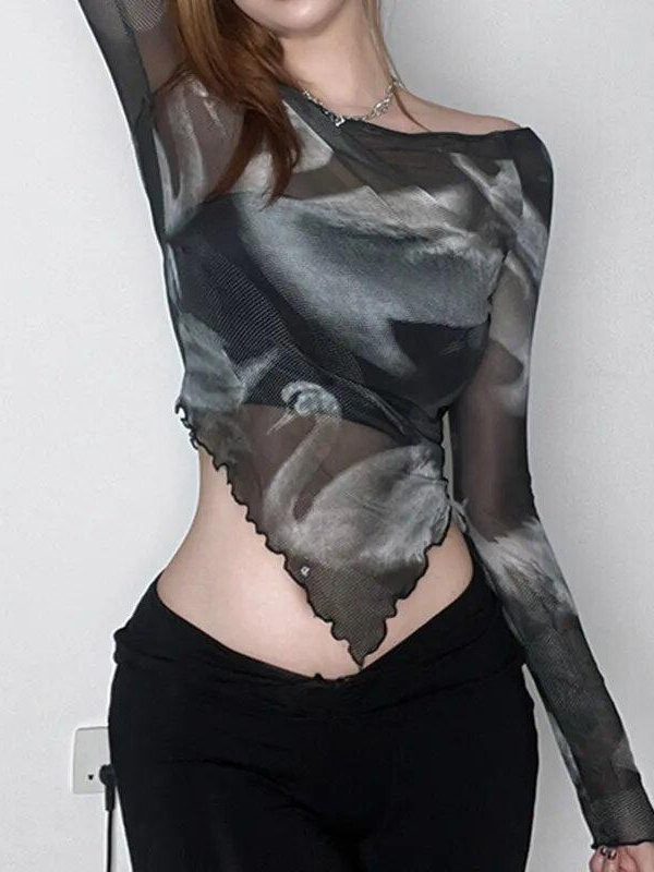 Swan Graphic Asymmetrical Mesh Top
