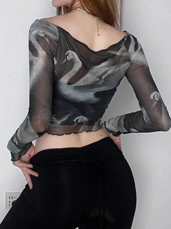 Swan Graphic Asymmetrical Mesh Top