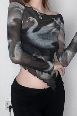 Swan Graphic Asymmetrical Mesh Top
