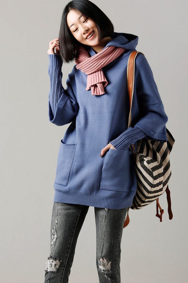 Sweater weather Upcycle big pockets blue daily knit top hooded fall