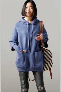 Sweater weather Upcycle big pockets blue daily knit top hooded fall