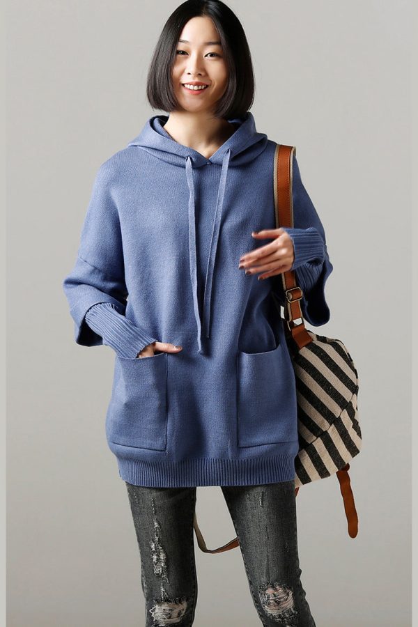 Sweater weather Upcycle big pockets blue daily knit top hooded fall