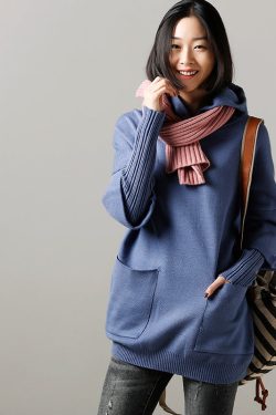 Sweater weather Upcycle big pockets blue daily knit top hooded fall