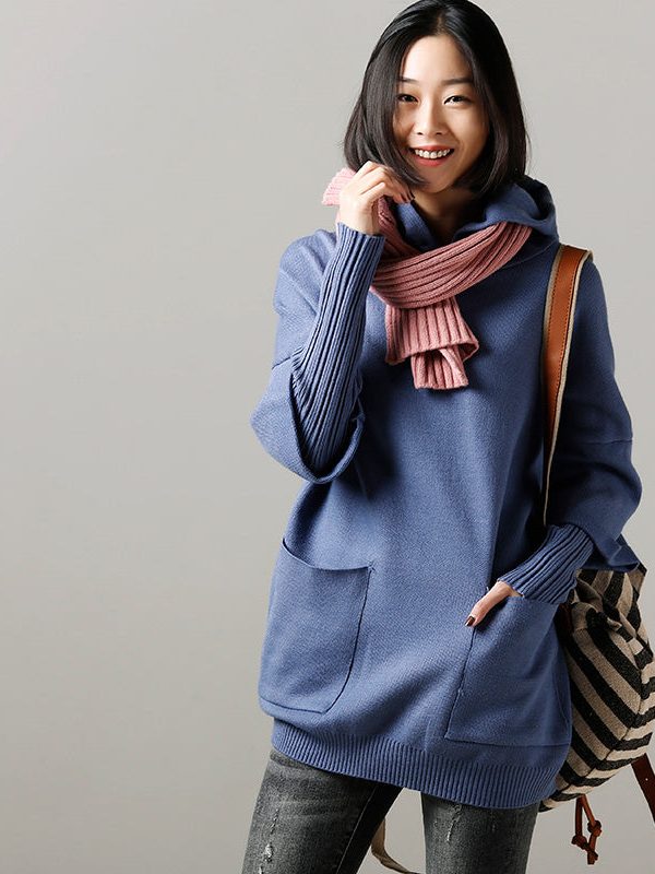 Sweater weather Upcycle big pockets blue daily knit top hooded fall