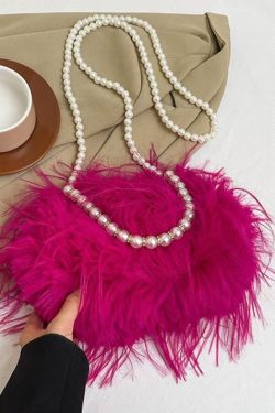 Sweet Rose Pearl Tassel Feather Fuzzy Fur Tote Handbag