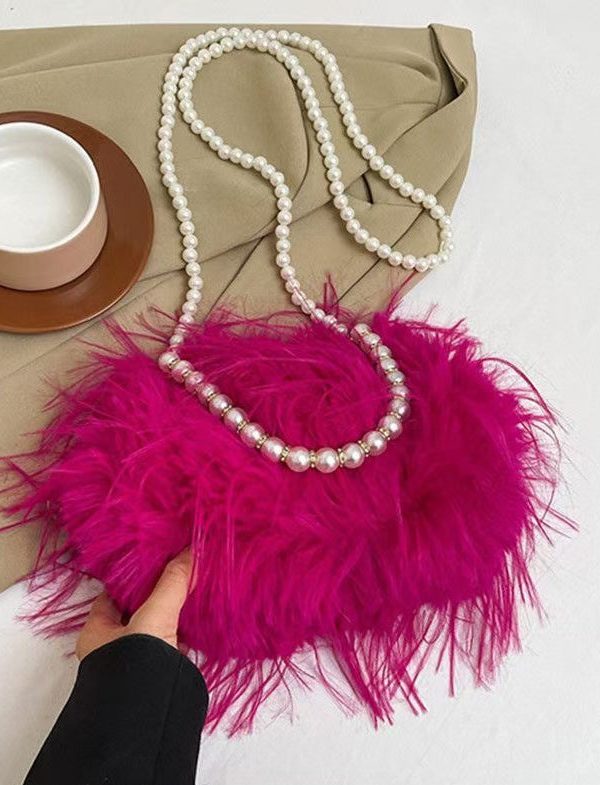 Sweet Rose Pearl Tassel Feather Fuzzy Fur Tote Handbag