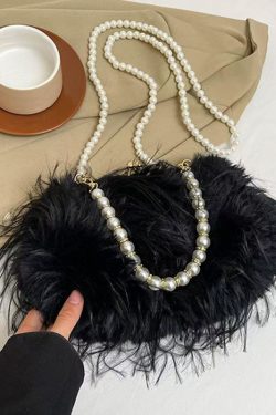 Sweet Rose Pearl Tassel Feather Fuzzy Fur Tote Handbag