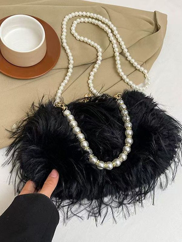 Sweet Rose Pearl Tassel Feather Fuzzy Fur Tote Handbag