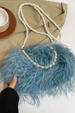 Sweet Rose Pearl Tassel Feather Fuzzy Fur Tote Handbag