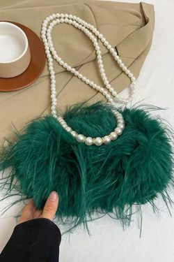 Sweet Rose Pearl Tassel Feather Fuzzy Fur Tote Handbag