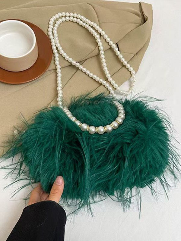 Sweet Rose Pearl Tassel Feather Fuzzy Fur Tote Handbag
