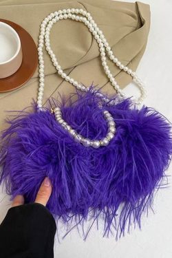 Sweet Rose Pearl Tassel Feather Fuzzy Fur Tote Handbag