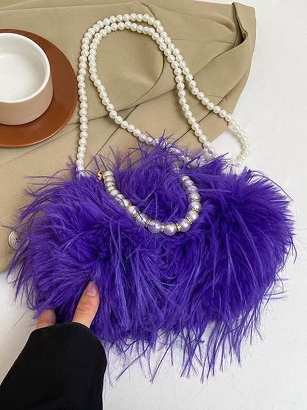 Sweet Rose Pearl Tassel Feather Fuzzy Fur Tote Handbag
