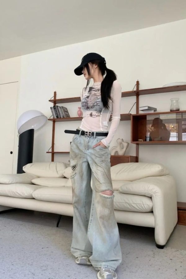 Text Print Sheer Mesh Top