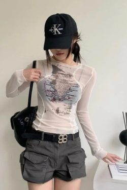 Text Print Sheer Mesh Top