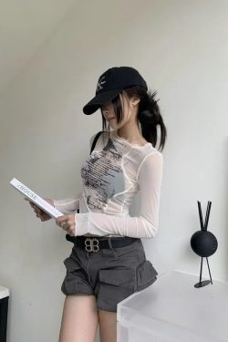 Text Print Sheer Mesh Top