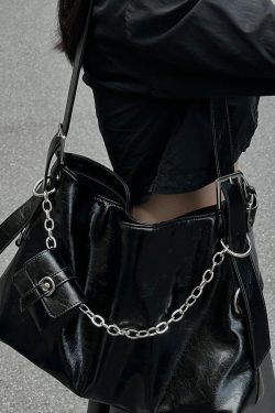 Unique Black Chain Linked Patchwork Faux Leather Messenger Bag