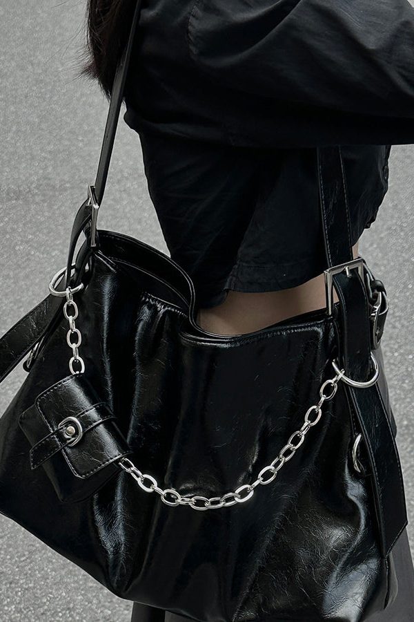 Unique Black Chain Linked Patchwork Faux Leather Messenger Bag