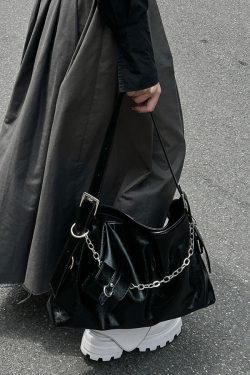 Unique Black Chain Linked Patchwork Faux Leather Messenger Bag