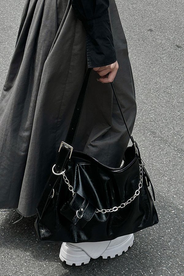 Unique Black Chain Linked Patchwork Faux Leather Messenger Bag