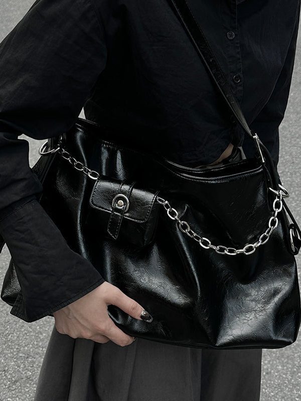 Unique Black Chain Linked Patchwork Faux Leather Messenger Bag