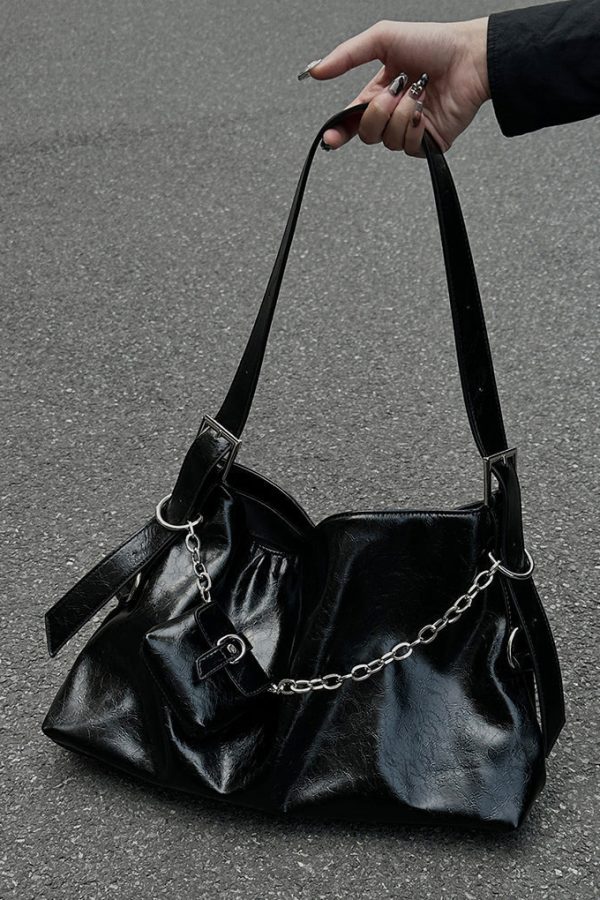 Unique Black Chain Linked Patchwork Faux Leather Messenger Bag