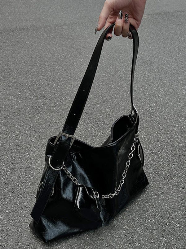 Unique Black Chain Linked Patchwork Faux Leather Messenger Bag