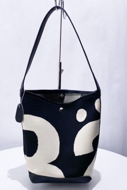 Unique Black Print Patchwork Large Capacity Canvas Bucket Bag