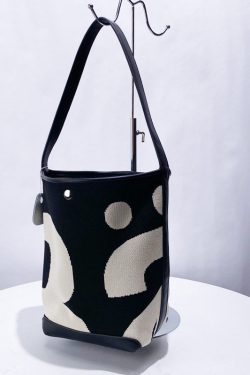 Unique Black Print Patchwork Large Capacity Canvas Bucket Bag