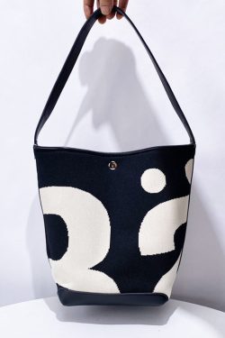 Unique Black Print Patchwork Large Capacity Canvas Bucket Bag