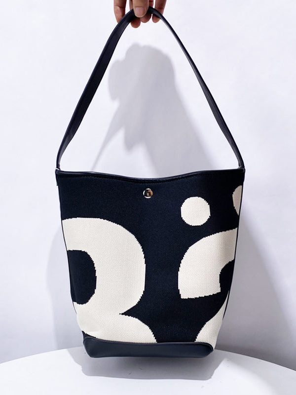 Unique Black Print Patchwork Large Capacity Canvas Bucket Bag