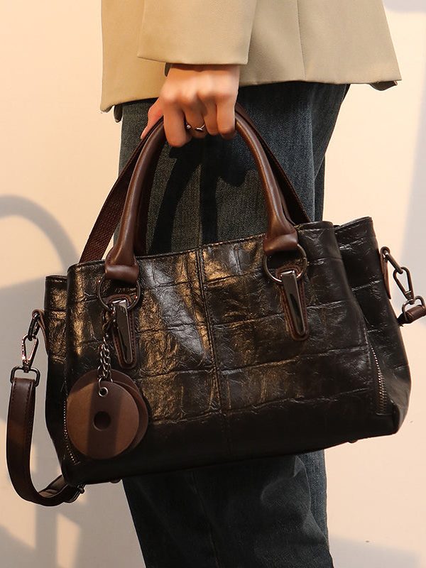 Unique Black Zippered Patchwork Faux Leather Messenger Bag