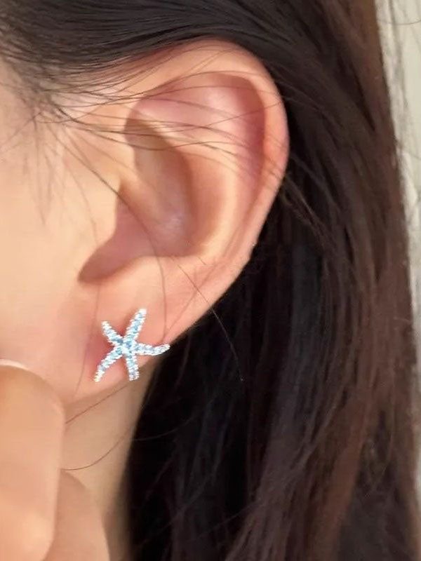 Unique Blue Copper Zircon Starfish Stud Earrings