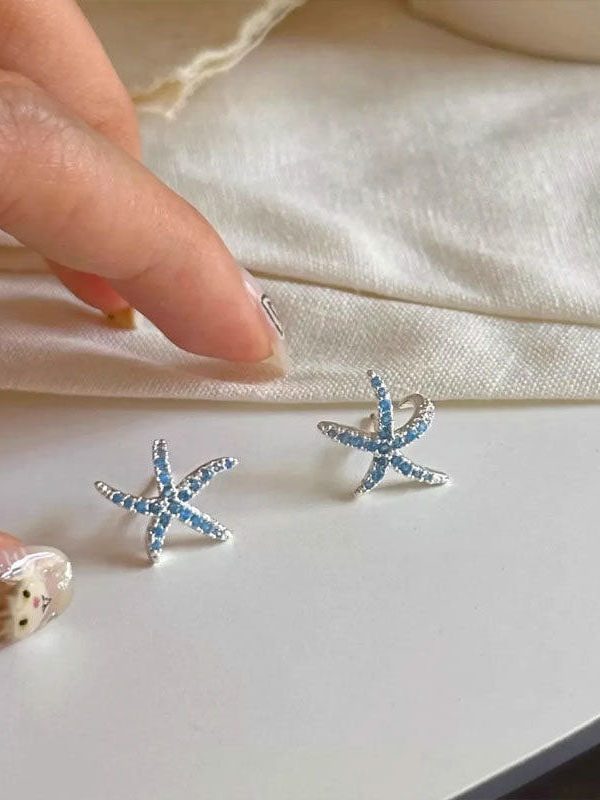 Unique Blue Copper Zircon Starfish Stud Earrings