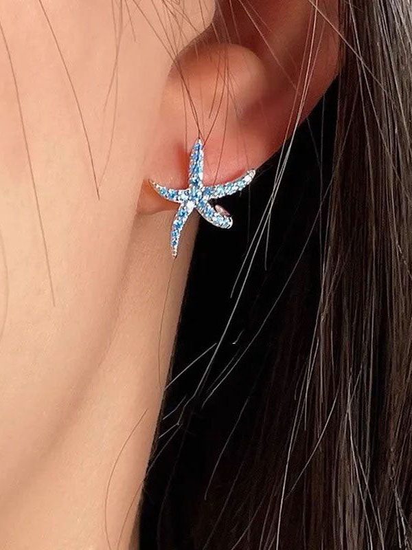 Unique Blue Copper Zircon Starfish Stud Earrings