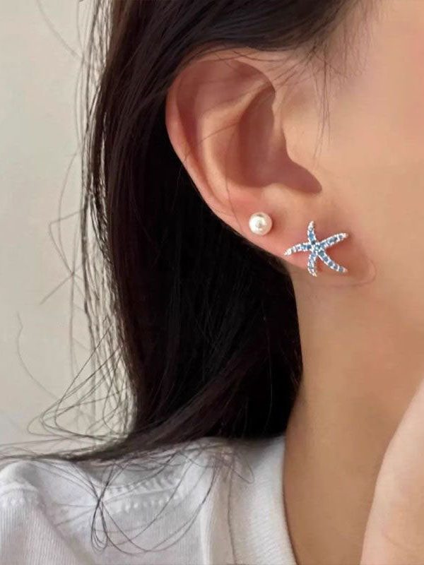 Unique Blue Copper Zircon Starfish Stud Earrings