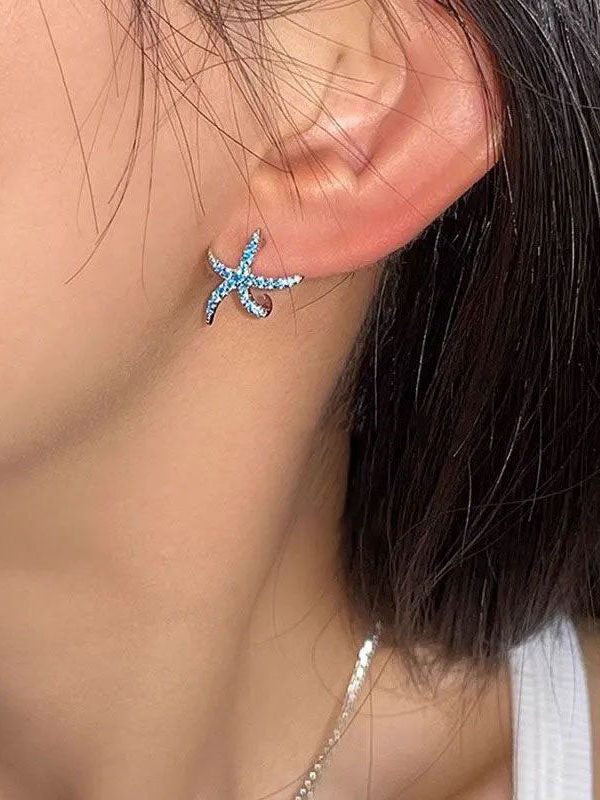 Unique Blue Copper Zircon Starfish Stud Earrings