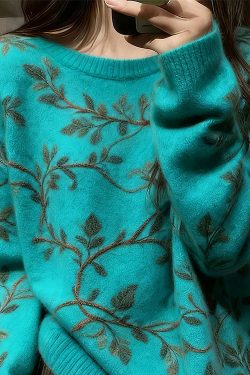 Unique Blue O Neck Thick Floral Knit Sweaters Winter
