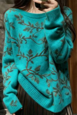 Unique Blue O Neck Thick Floral Knit Sweaters Winter