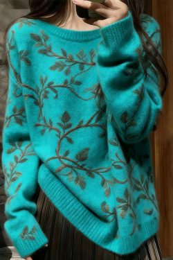 Unique Blue O Neck Thick Floral Knit Sweaters Winter